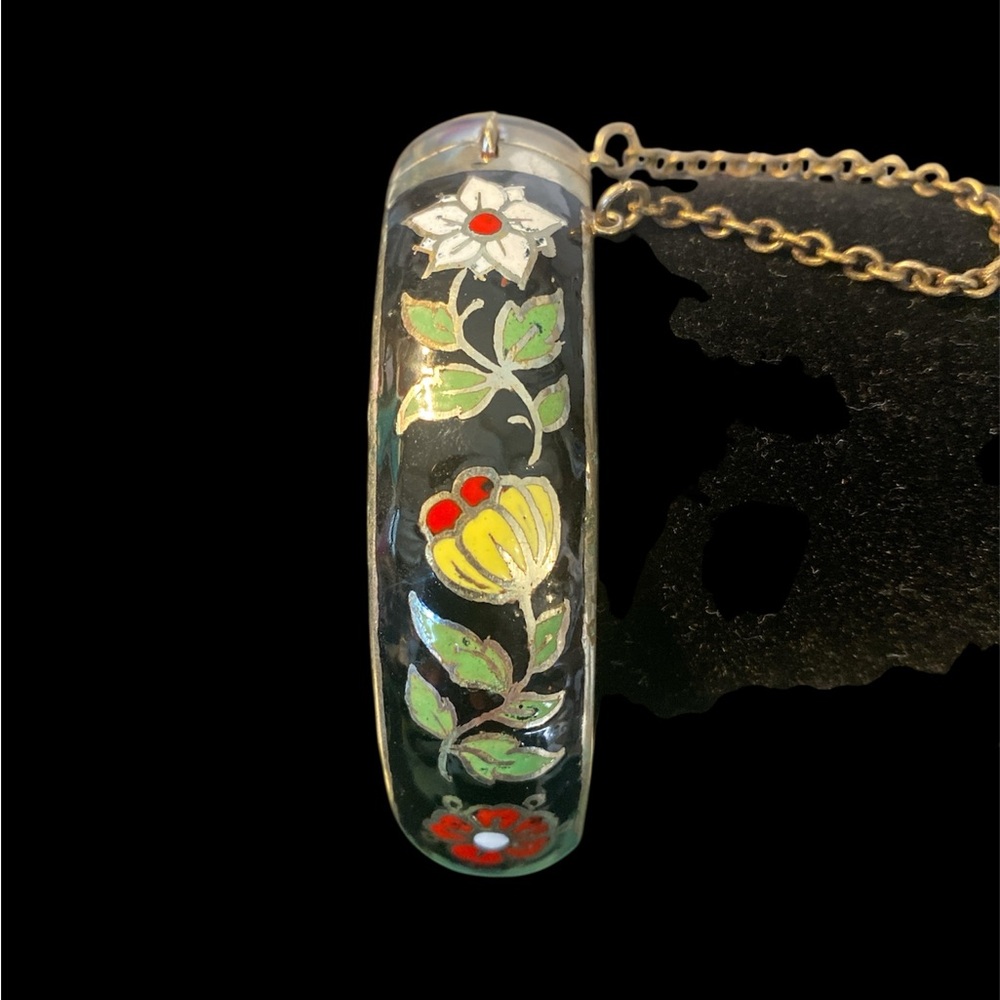 Vintage black cloisonné enamel floral hinged bangle bracelet.